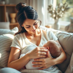 A serene and intimate scene depicting a mother lovingly breastfeeding her infant