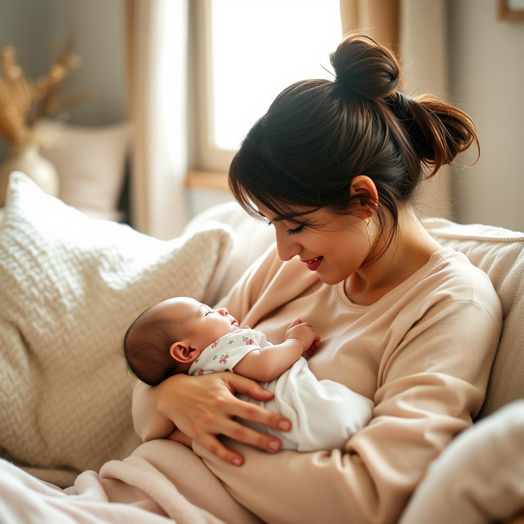 A serene and intimate scene depicting a mother lovingly breastfeeding her infant