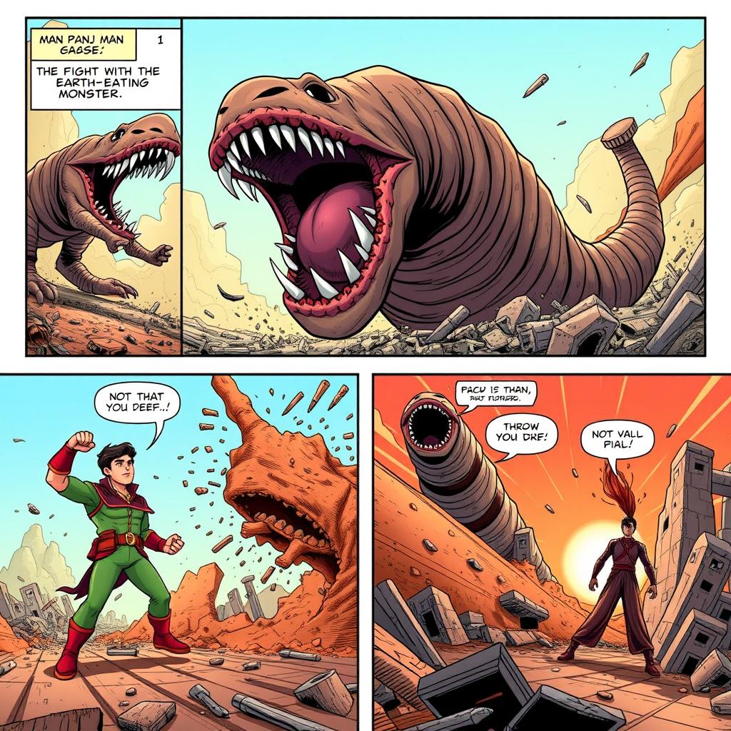 A thrilling three-page comic titled 'Man Panj Man 3: Fight with the Earth-Eating Monster'