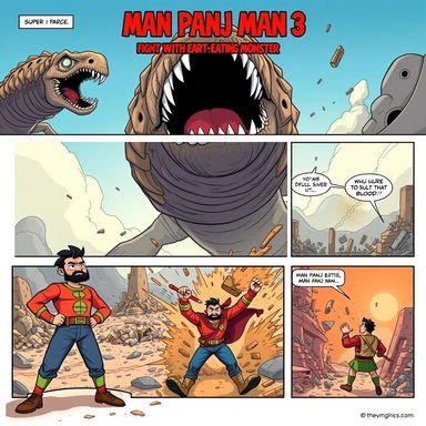 A thrilling three-page comic titled 'Man Panj Man 3: Fight with the Earth-Eating Monster'