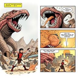 A thrilling three-page comic titled 'Man Panj Man 3: Fight with the Earth-Eating Monster'