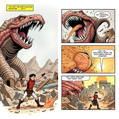 A thrilling three-page comic titled 'Man Panj Man 3: Fight with the Earth-Eating Monster'