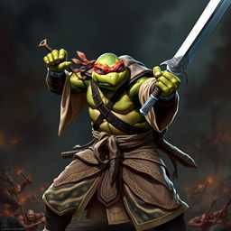 An adult tortle barbarian, captured in a serious battle stance, wielding a sword in one hand