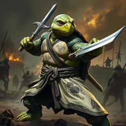 An adult tortle barbarian, captured in a serious battle stance, wielding a sword in one hand