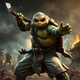 An adult tortle barbarian, captured in a serious battle stance, wielding a sword in one hand