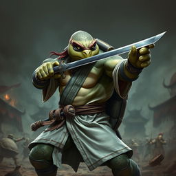 An adult tortle barbarian, captured in a serious battle stance, wielding a sword in one hand