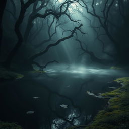 A hauntingly beautiful scene of a dark pond nestled deep within an ancient forest