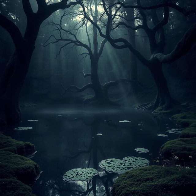 A hauntingly beautiful scene of a dark pond nestled deep within an ancient forest