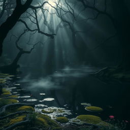 A hauntingly beautiful scene of a dark pond nestled deep within an ancient forest