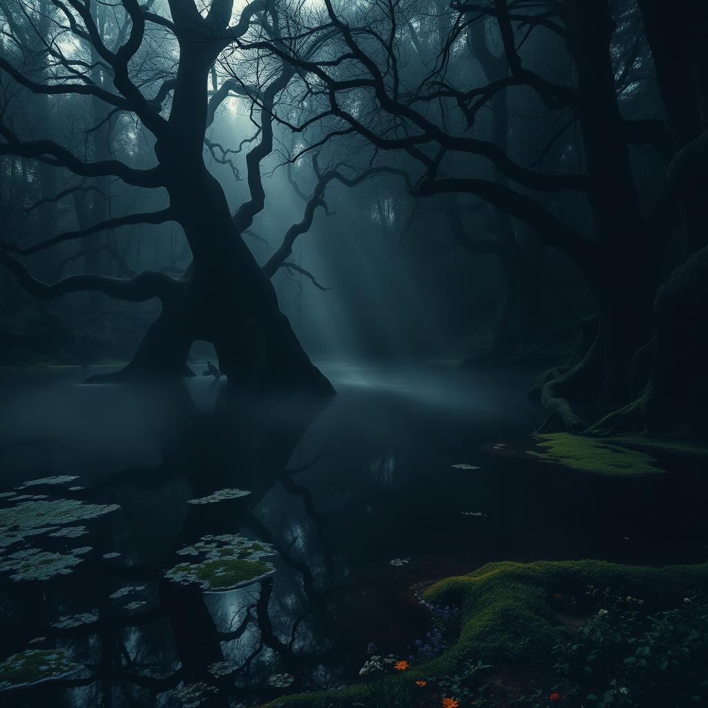 A hauntingly beautiful scene of a dark pond nestled deep within an ancient forest