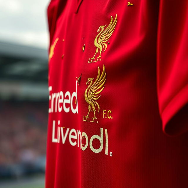 A vibrant red Liverpool jersey featuring intricate golden rips and detailed text that complements the jersey's design