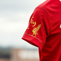 A vibrant red Liverpool jersey featuring intricate golden rips and detailed text that complements the jersey's design