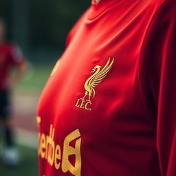 A vibrant red Liverpool jersey featuring intricate golden rips and detailed text that complements the jersey's design