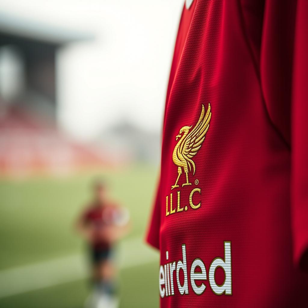 A vibrant red Liverpool jersey featuring intricate golden rips and detailed text that complements the jersey's design