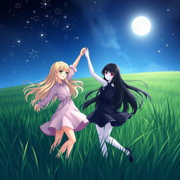 A serene night scene depicting two girls dancing gracefully in a lush green field under a starlit sky