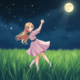 A serene night scene depicting two girls dancing gracefully in a lush green field under a starlit sky