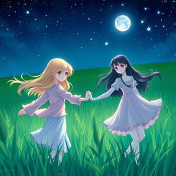 A serene night scene depicting two girls dancing gracefully in a lush green field under a starlit sky