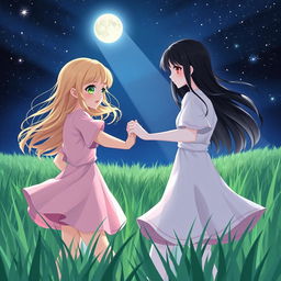 A serene night scene depicting two girls dancing gracefully in a lush green field under a starlit sky