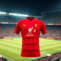 A stylish Liverpool jersey, vividly displayed in red color, featuring a unique design with three prominent stepped layers