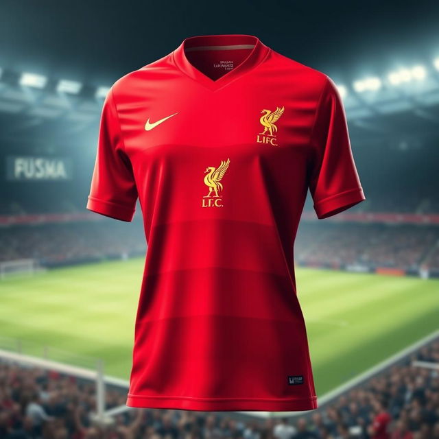 A stylish Liverpool jersey, vividly displayed in red color, featuring a unique design with three prominent stepped layers