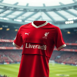 A stylish Liverpool jersey, vividly displayed in red color, featuring a unique design with three prominent stepped layers