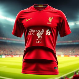 A stylish Liverpool jersey, vividly displayed in red color, featuring a unique design with three prominent stepped layers