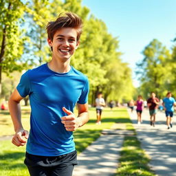 A vibrant and healthy teenage boy, about 16 years old, jogging in a city park during a bright sunny day