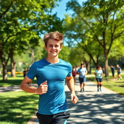 A vibrant and healthy teenage boy, about 16 years old, jogging in a city park during a bright sunny day