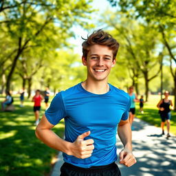 A vibrant and healthy teenage boy, about 16 years old, jogging in a city park during a bright sunny day