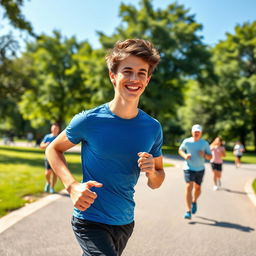 A vibrant and healthy teenage boy, about 16 years old, jogging in a city park during a bright sunny day