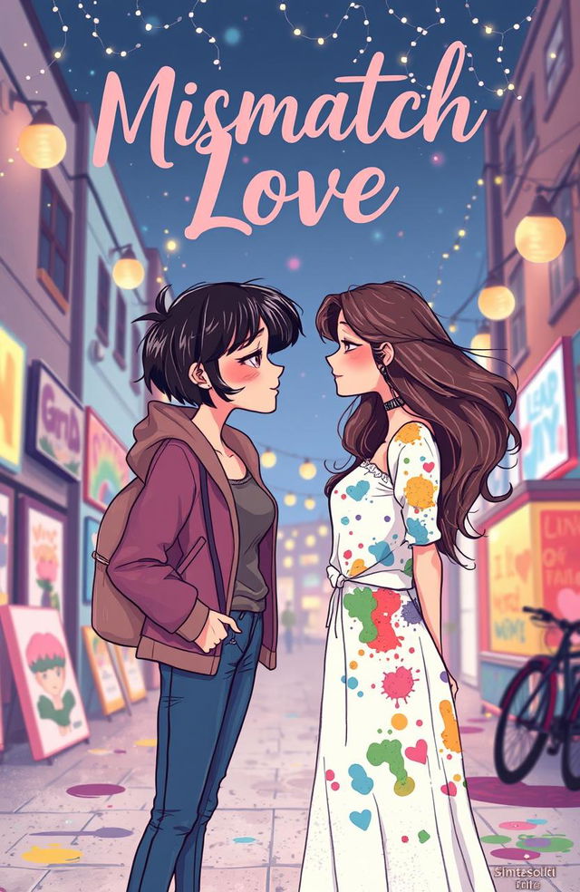 A romantic and whimsical cover illustration depicting a mismatched love story between two women