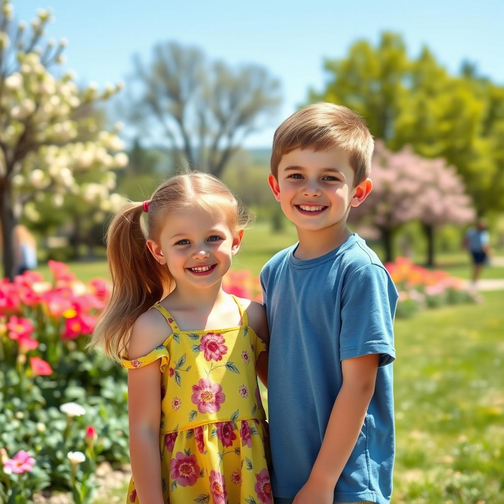 A beautiful scene depicting a 5 feet 9 inch tall boy standing next to a 4 feet 9 inch girl in a sunny park