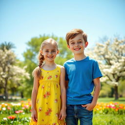 A beautiful scene depicting a 5 feet 9 inch tall boy standing next to a 4 feet 9 inch girl in a sunny park