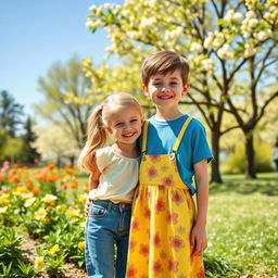A beautiful scene depicting a 5 feet 9 inch tall boy standing next to a 4 feet 9 inch girl in a sunny park