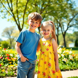 A beautiful scene depicting a 5 feet 9 inch tall boy standing next to a 4 feet 9 inch girl in a sunny park
