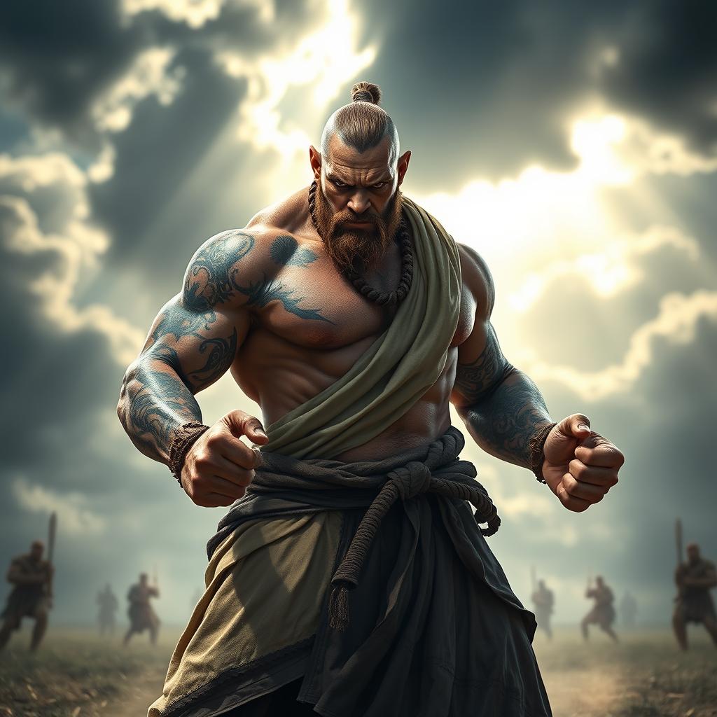 A fierce goliath battle monk standing in a powerful battle stance, showcasing serious intensity in his expression