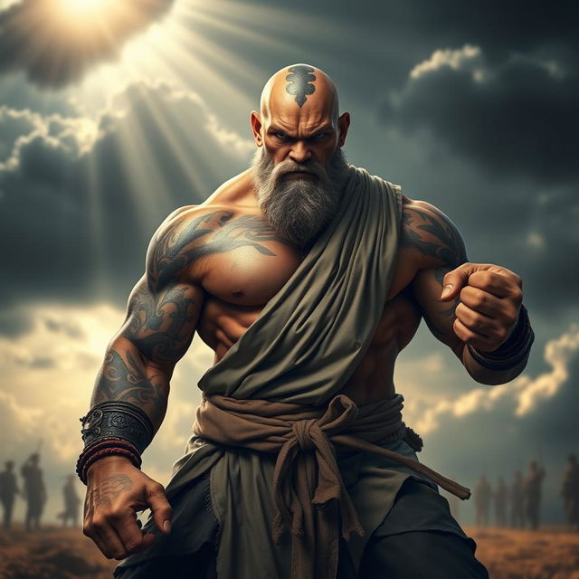 A fierce goliath battle monk standing in a powerful battle stance, showcasing serious intensity in his expression