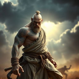 A fierce goliath battle monk standing in a powerful battle stance, showcasing serious intensity in his expression