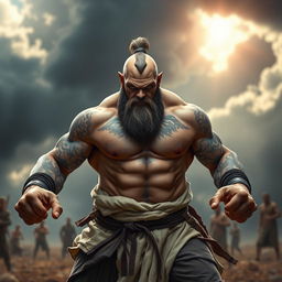 A fierce goliath battle monk standing in a powerful battle stance, showcasing serious intensity in his expression