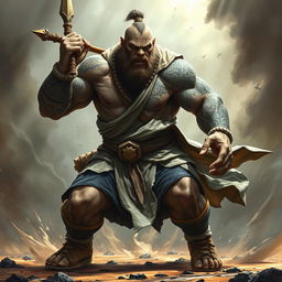 A powerful stone goliath battle monk depicted in a striking battle stance, exuding seriousness and intensity