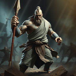 A powerful stone goliath battle monk depicted in a striking battle stance, exuding seriousness and intensity