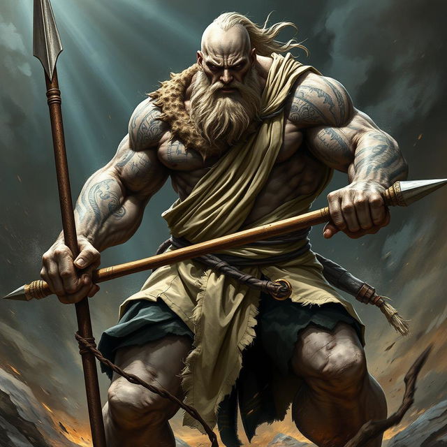 A powerful stone goliath battle monk depicted in a striking battle stance, exuding seriousness and intensity