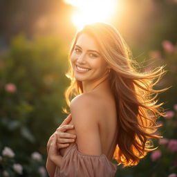 A beautiful woman in an elegant pose, showcasing graceful movement, with flowing hair and a soft, inviting smile