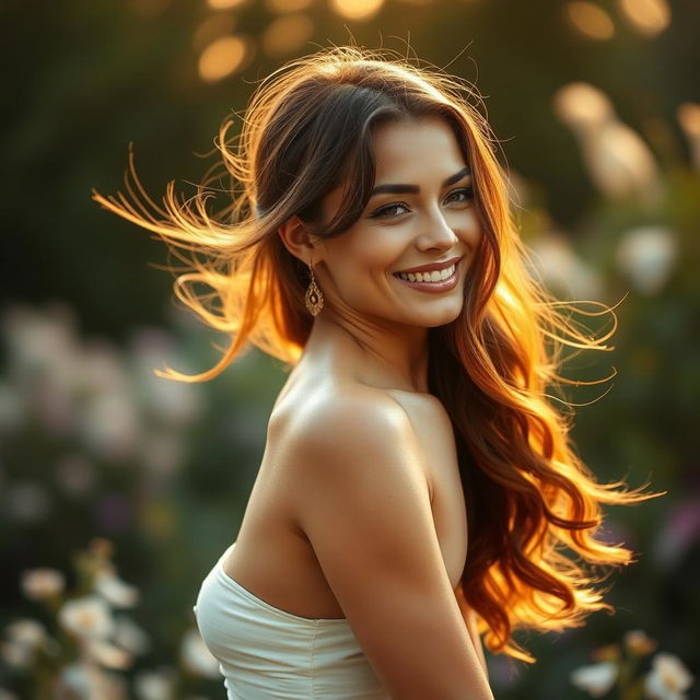 A beautiful woman in an elegant pose, showcasing graceful movement, with flowing hair and a soft, inviting smile