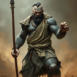 A stone goliath battle monk depicted in a commanding battle stance, exhibiting a serious and focused demeanor