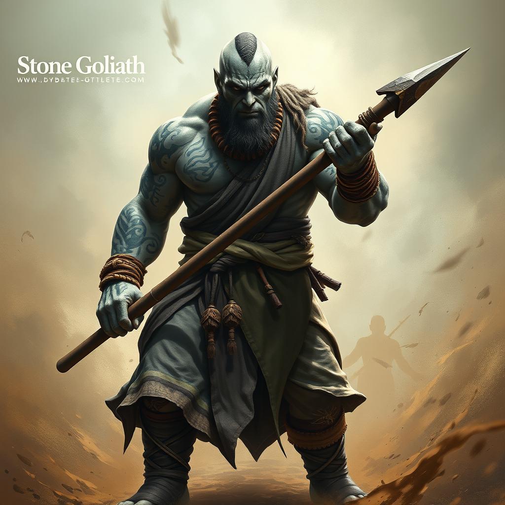 A stone goliath battle monk depicted in a commanding battle stance, exhibiting a serious and focused demeanor