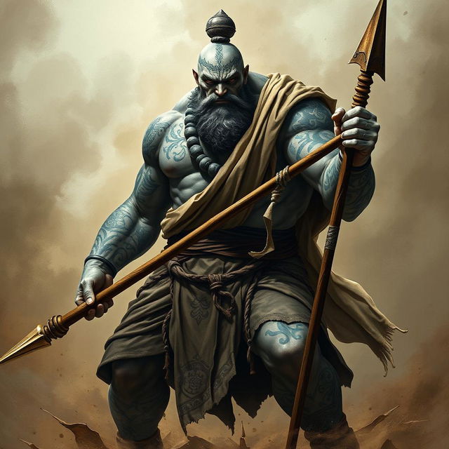 A stone goliath battle monk depicted in a commanding battle stance, exhibiting a serious and focused demeanor