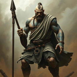 A stone goliath battle monk depicted in a commanding battle stance, exhibiting a serious and focused demeanor