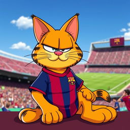 A cartoon cat resembling Garfield wearing a vibrant FC Barcelona jersey, displaying the team's iconic colors of deep blue and garnet