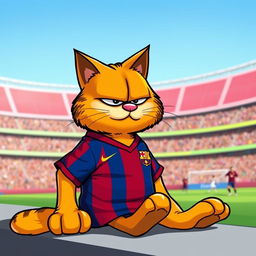 A cartoon cat resembling Garfield wearing a vibrant FC Barcelona jersey, displaying the team's iconic colors of deep blue and garnet